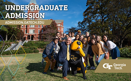 The cover of the undergraduate admission digital viewbook, featuring a group of students taking a selfie with Georgia Tech’s President Ángel Cabrera and mascot Buzz.