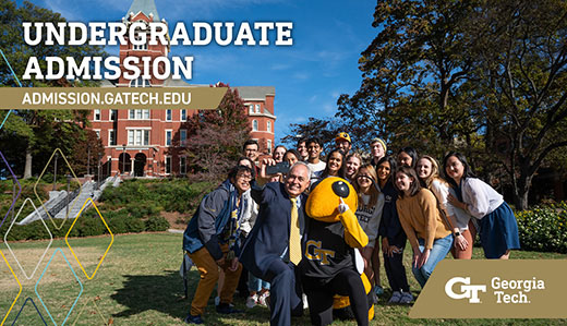 The cover of the digital viewbook. Students pose with President Ángel Cabrera and Buzz. Tech Tower and the surrounding green space make up the background.